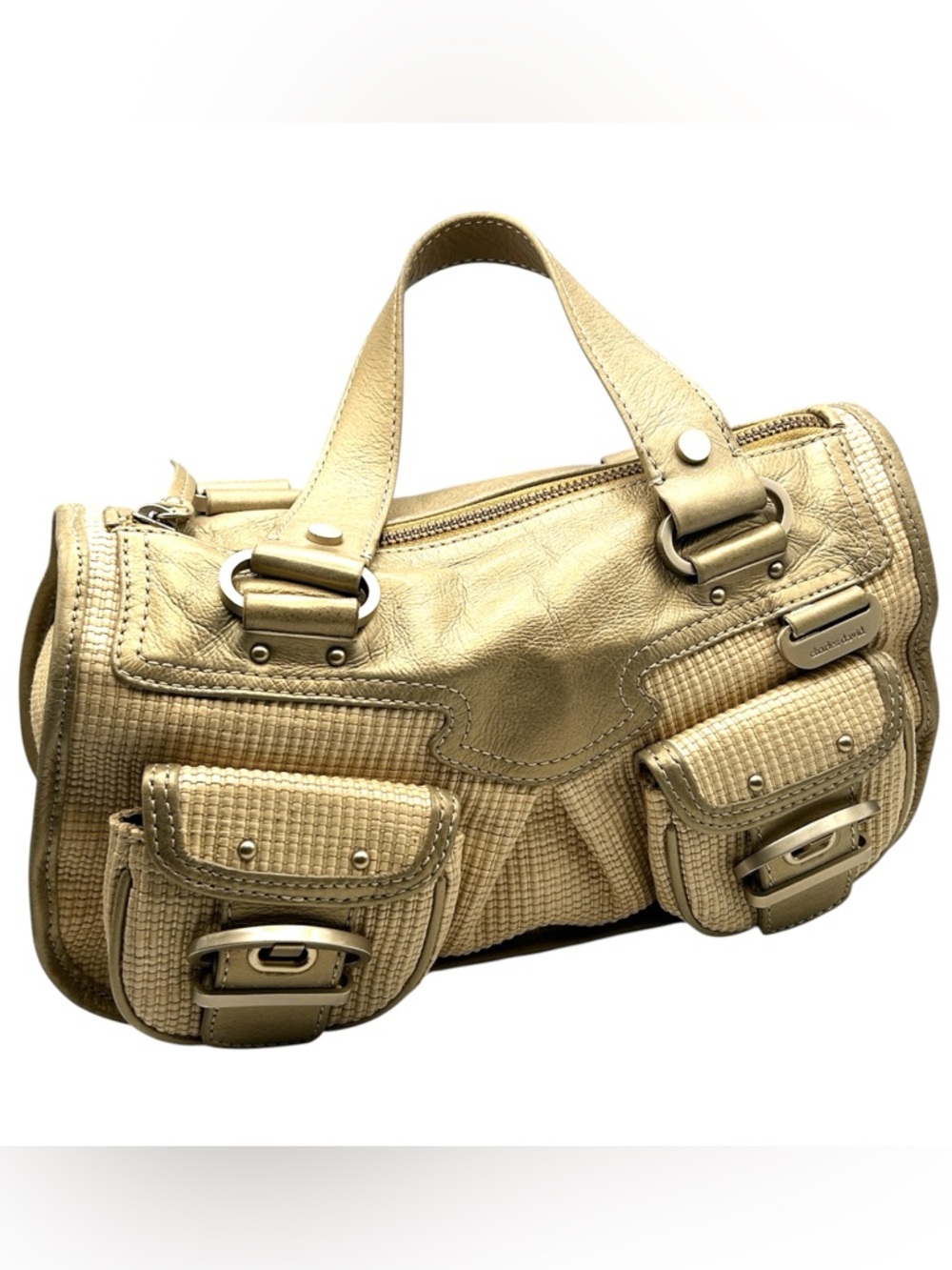 Charles David Gold Leather Shoulder Bag Multi Pocket Y2K Cargo Old Money Womens
